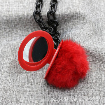 Rabbit Fur Ball POM POM Mirror Keychain Long Chain Necklace